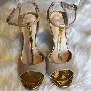 ANDREA BRAND NUDE AND GOLD HEELS